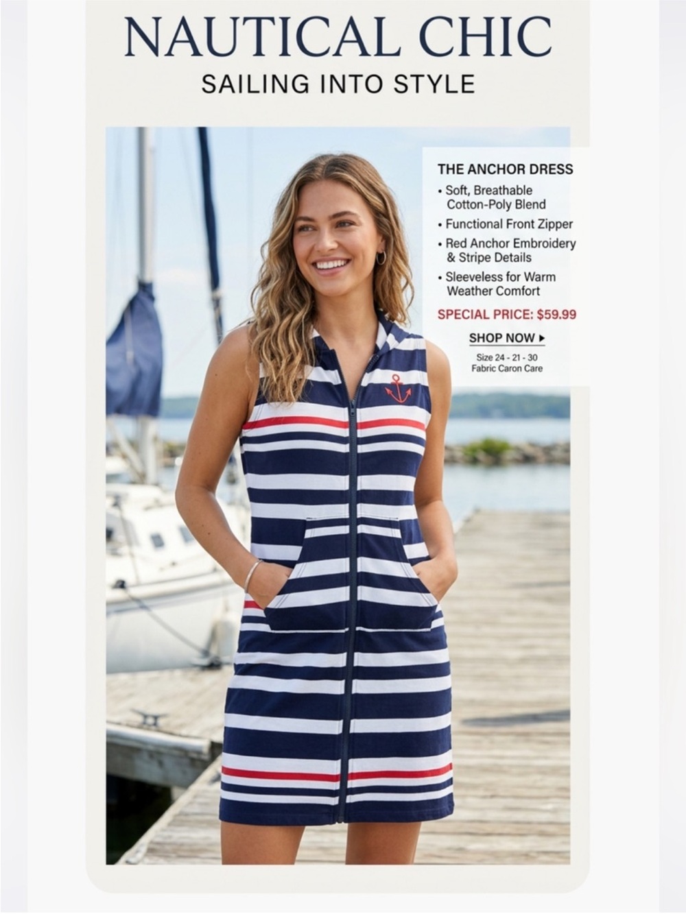 NWT ~ Beach By Exist Navy, White & Red Striped Zip-Front Dress ~ Size L